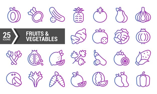 25 Iconos gradientes de frutas y verduras frescas