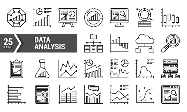 25 íconos de línea de análisis de datos para el diseño de sitios web o aplicaciones