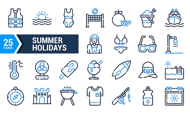 25 íconos de la línea azul para el diseño de las vacaciones de verano