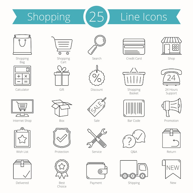 25 Iconos de la línea de compras