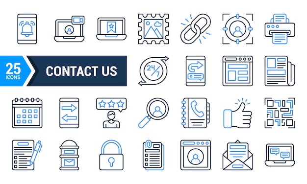 25 íconos de línea de contacto azul para el diseño de sitios web y aplicaciones