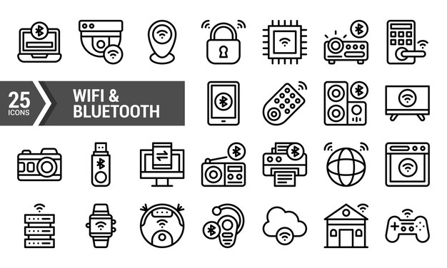 25 iconos de línea para dispositivos y servicios WiFi y Bluetooth