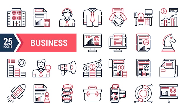 25 Iconos de línea de negocios en rojo y azul