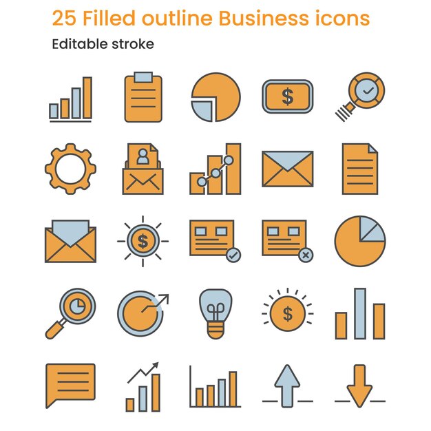 25 Iconos de negocios con contorno lleno moderno