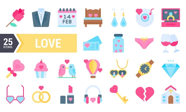 25 Iconos planos de amor coloridos para diseños del día de San Valentín