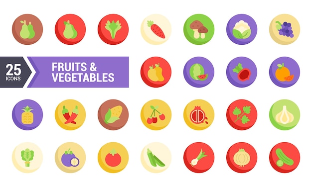 25 Iconos planos coloridos de frutas y verduras en un círculo
