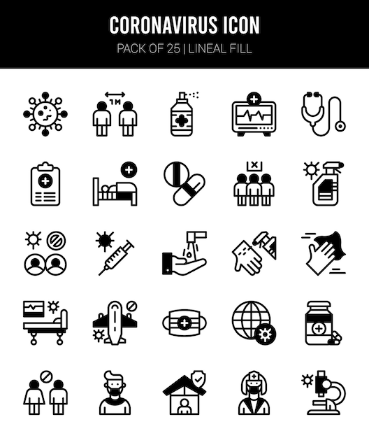 25 Iconos de relleno lineal de Coronavirus Pack ilustración vectorial