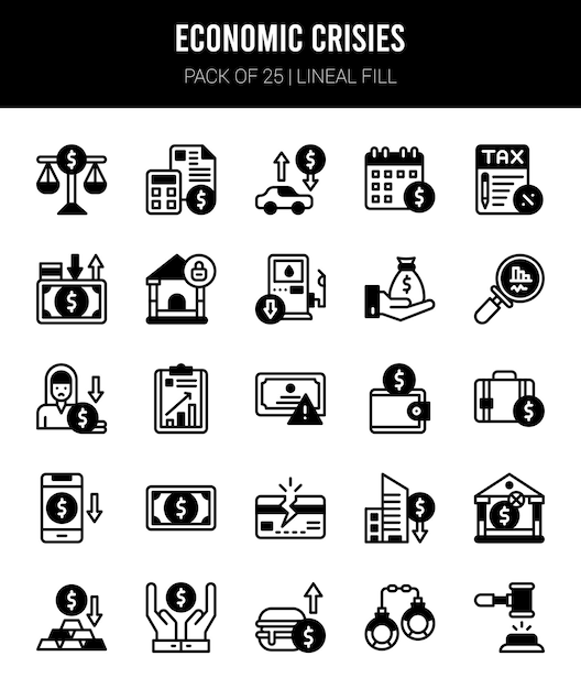 25 Iconos de relleno lineal de crisis económicas Pack ilustración vectorial