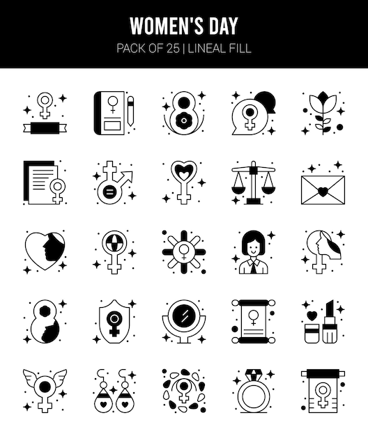 25 Iconos de relleno lineal del día de la mujer Pack ilustración vectorial