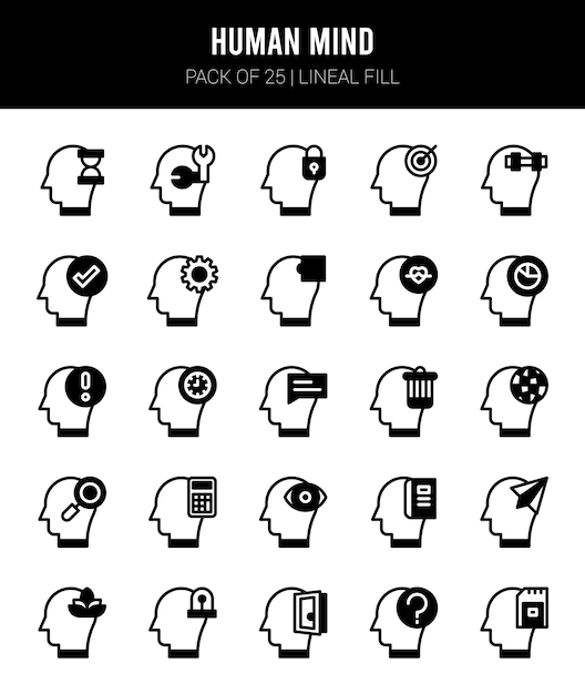 25 iconos de relleno lineal de la mente humana Pack ilustración vectorial