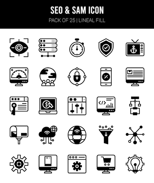25 iconos de relleno lineal SEO y SAM Pack ilustración vectorial