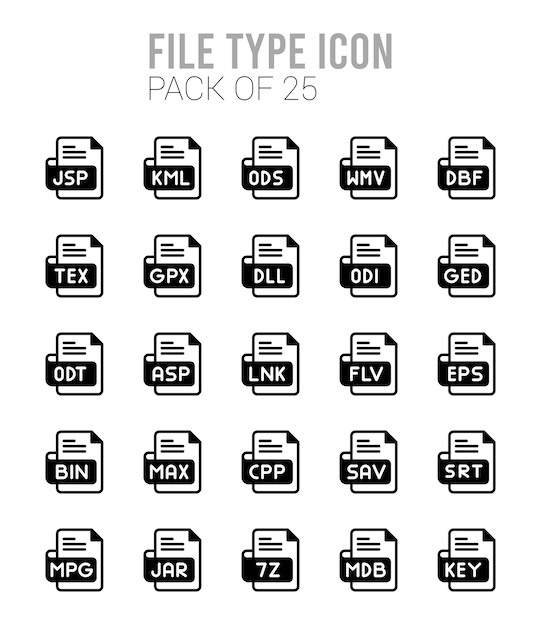 25 iconos de relleno lineal de tipo de archivo pack ilustración vectorial