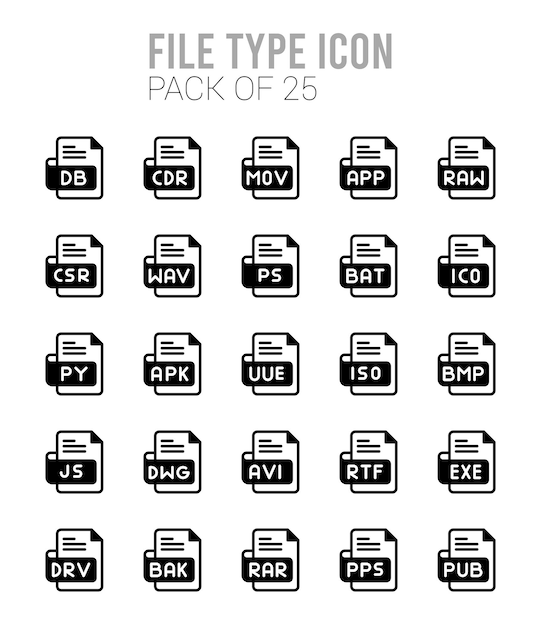 25 iconos de relleno lineal de tipo de archivo pack ilustración vectorial