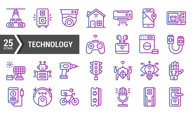 25 Iconos de tecnología en un esquema de colores gradientes