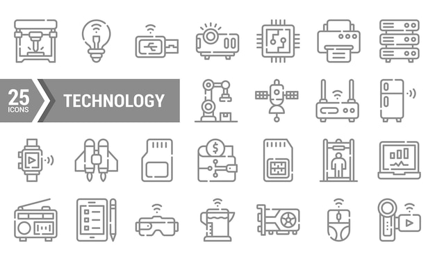 25 iconos de tecnología lineal para diseño web y aplicaciones