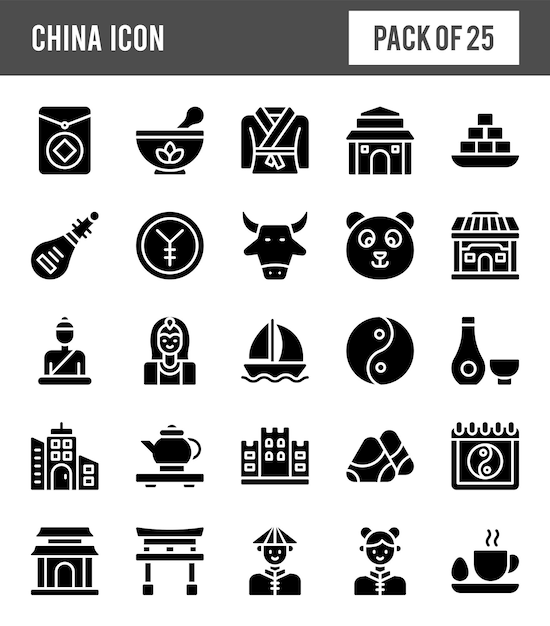 25 ilustración de vector de paquete de icono de glifo de China