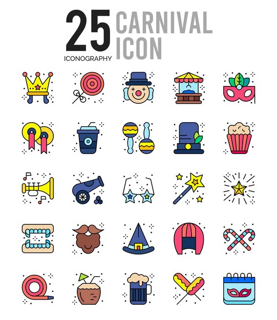 Vector 25 ilustración de vector de paquete de iconos de color lineal de carnaval