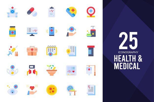 25 Ilustración de vector de paquete de iconos planos médicos y de salud