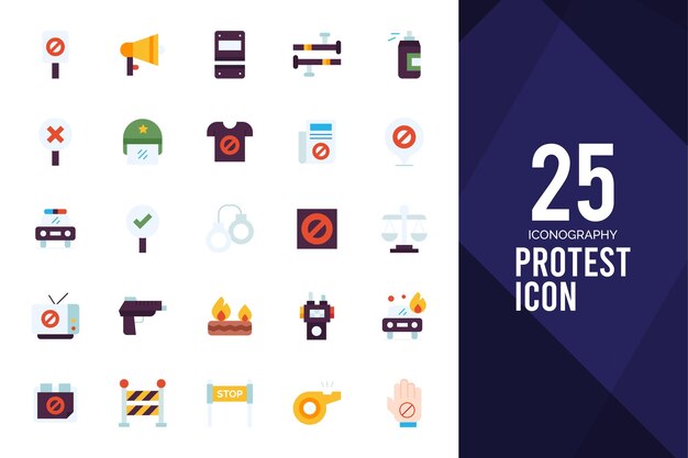 25 Ilustración de vector de paquete de iconos planos de protesta