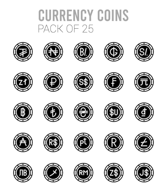 Vector 25 monedas monedas iconos de relleno lineal paquete ilustración vectorial