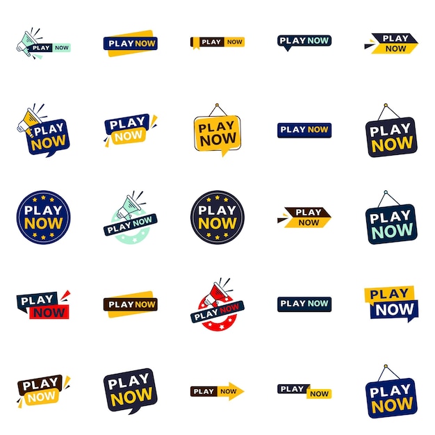 25 pancartas diversas de play now para promocionar sus productos o servicios