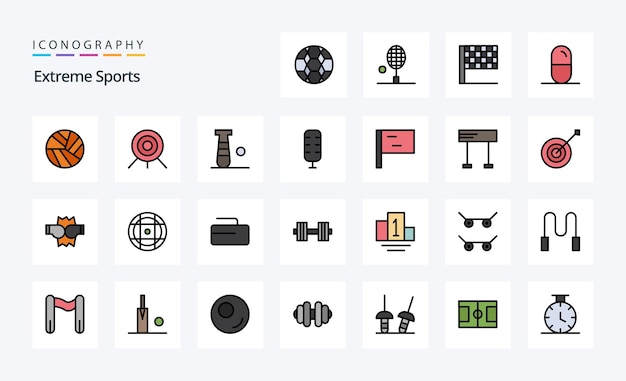 25 Paquete de iconos de estilo lleno de línea deportiva Ilustración de iconografía vectorial