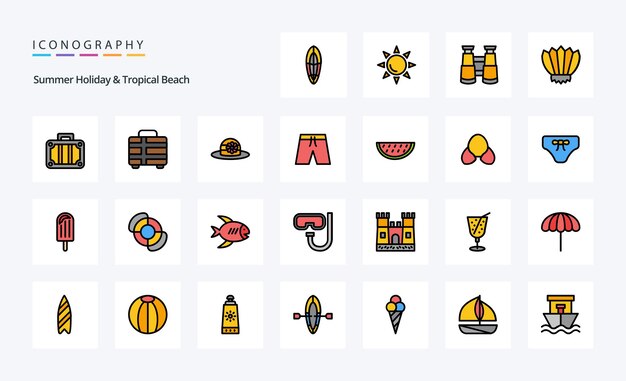 25 paquete de iconos de estilo lleno de línea de playa ilustración de iconografía vectorial