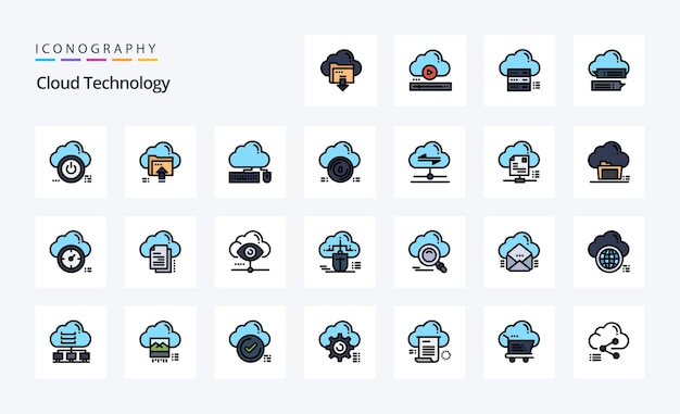 25 Paquete de iconos de estilo lleno de línea de tecnología en la nube Ilustración de iconografía vectorial