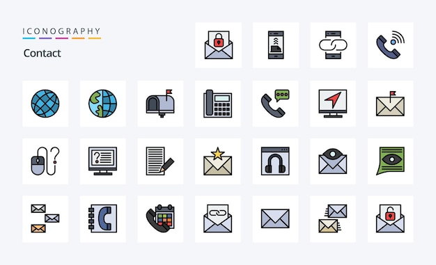 25 Paquete de iconos de estilo relleno de línea de contacto Ilustración de iconografía vectorial