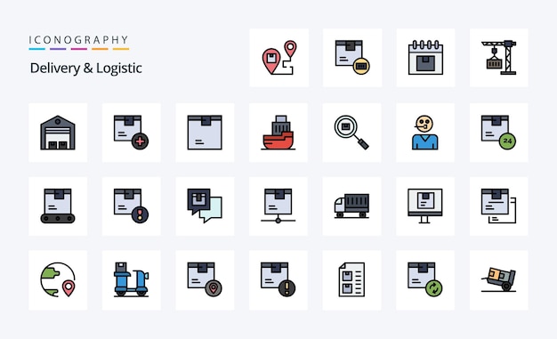 25 Paquete de iconos de estilo relleno de línea de entrega y logística Ilustración de iconografía vectorial