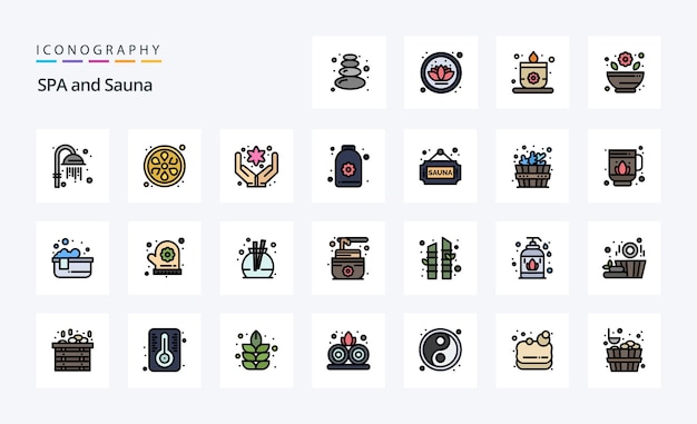 25 Paquete de iconos de estilo relleno de línea de sauna Ilustración de iconografía vectorial
