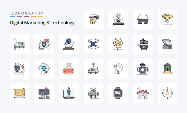 25 Paquete de iconos de estilo relleno de línea de tecnología y marketing digital Ilustración de iconografía vectorial
