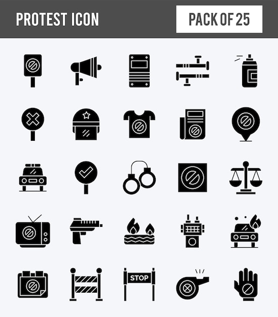 25 paquete de iconos de glifo de protesta ilustración vectorial