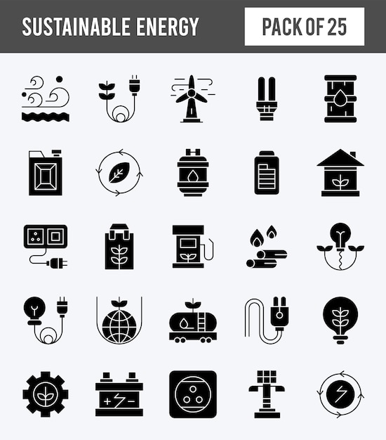 25 Paquete de iconos de glifos de energía sostenible ilustración vectorial