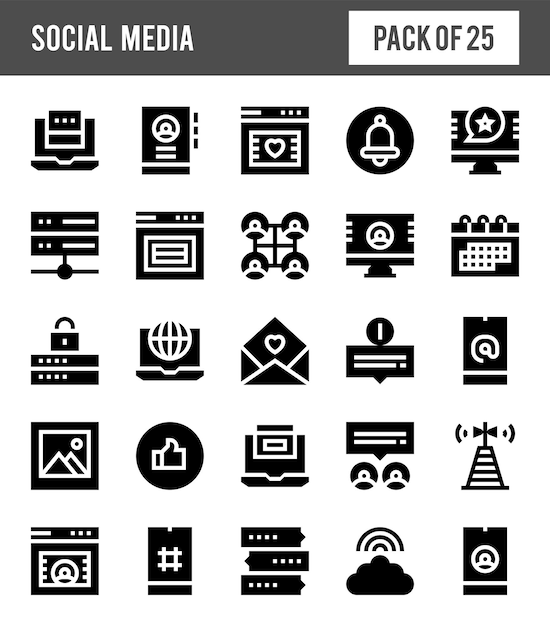 25 paquete de iconos de glifos de redes sociales ilustración vectorial