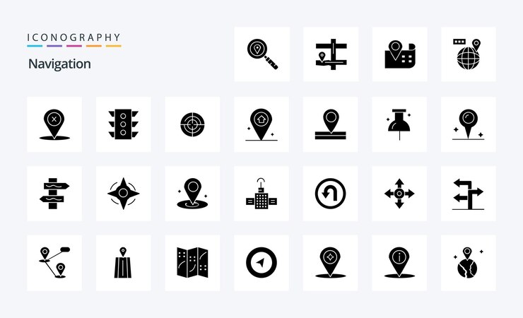 25 Paquete de iconos de glifos sólidos de navegación Ilustración de iconos vectoriales