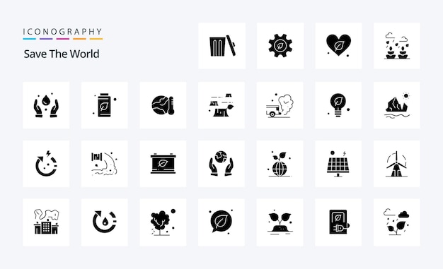 25 Paquete de iconos de glifos sólidos Save The World Ilustración de iconos vectoriales