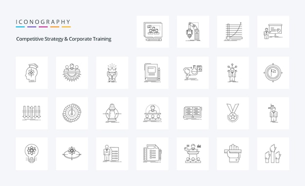 25 Paquete de iconos de línea de estrategia competitiva y capacitación corporativa Ilustración de iconos vectoriales
