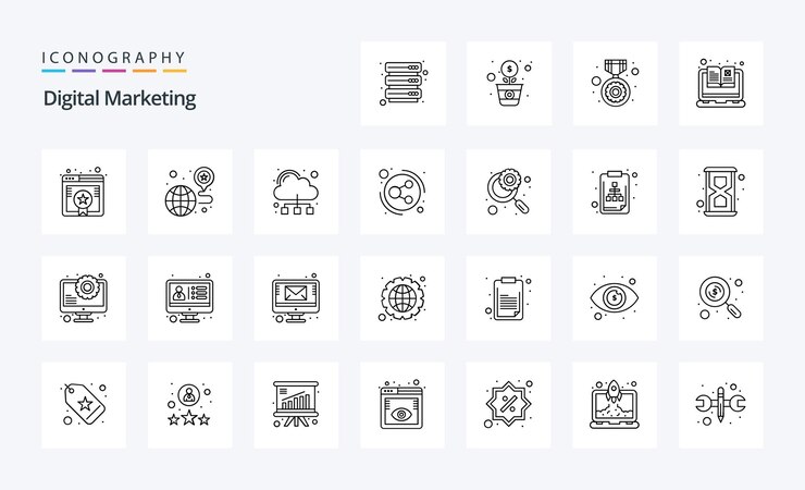 25 Paquete de iconos de línea de marketing digital Ilustración de iconos vectoriales
