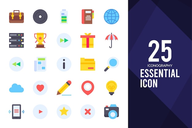 25 paquete de iconos planos esenciales ilustración vectorial