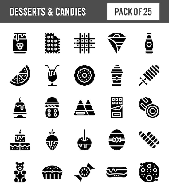 25 postres y dulces Glyph icon pack ilustración vectorial