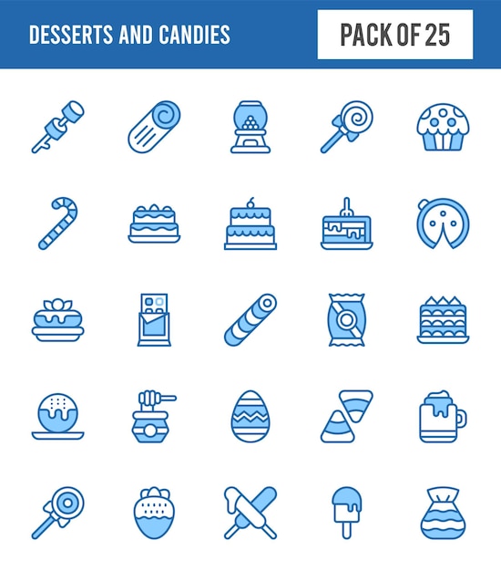 25 postres y dulces iconos de dos colores paquete ilustración vectorial