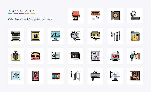 25 Producción de video y hardware de computadora Paquete de iconos de estilo lleno de línea Ilustración de iconografía vectorial