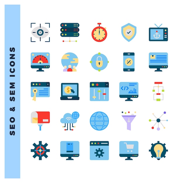 25 SEO y SAM Ilustración vectorial de paquetes de iconos planos