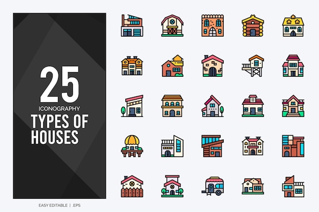 25 tipos de casas iconos de color lineal paquete ilustración vectorial