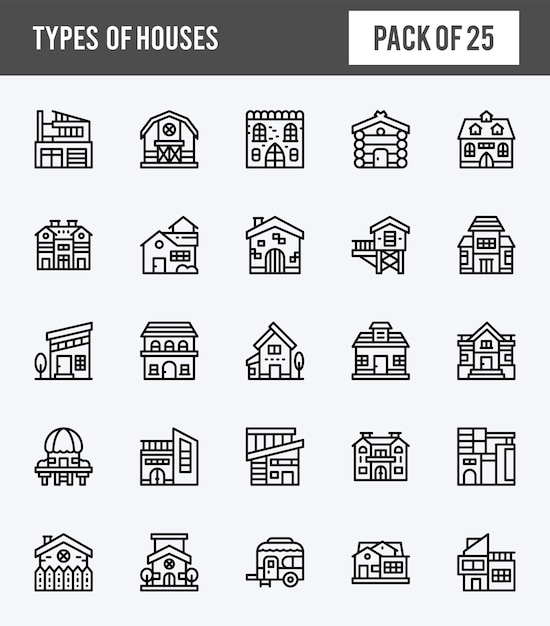 25 tipos de casas Paquete de iconos expandidos lineales ilustración vectorial