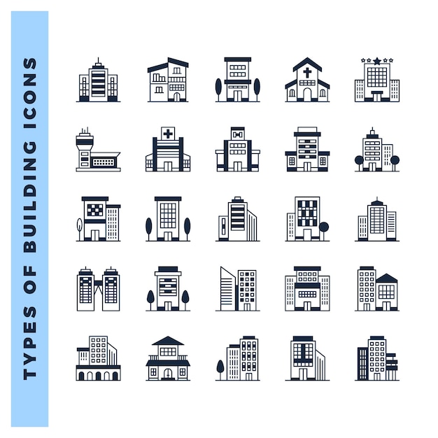 25 tipos de construcción lineal ilustración vectorial del paquete de iconos de relleno