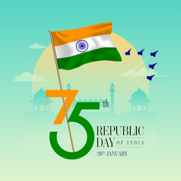 Vector 26 de enero 75o día de la república de la india diseño con jets de bandera indain e ilustración de redfort