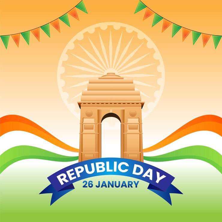 Vector 26 de enero día de la república de la india celebración con la bandera de la india ondulada y el vector de la puerta de la india