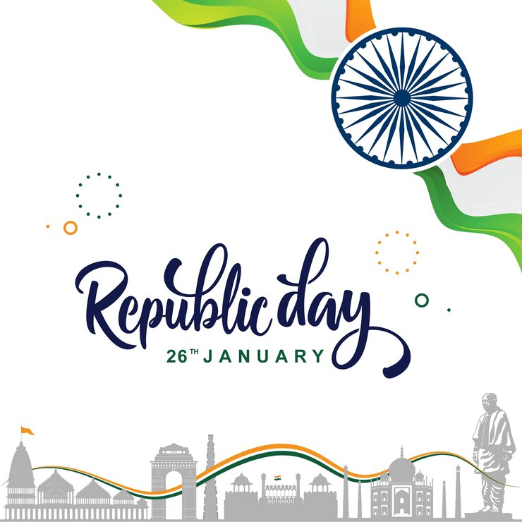 26 de enero Feliz Día de la República de la India Banner Diseño con ram mandir estatua de la unidad taj mahel